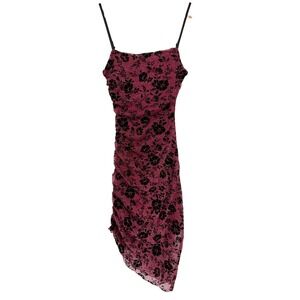 Jump Apparel‎ Burgundy Floral Ruched Asymmetrical Mesh Sparkle Dress Y2K